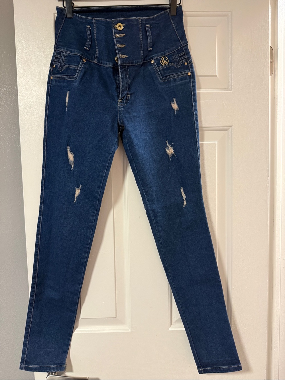 High-Waist Distressed Women’s Jeans - Dark Blue